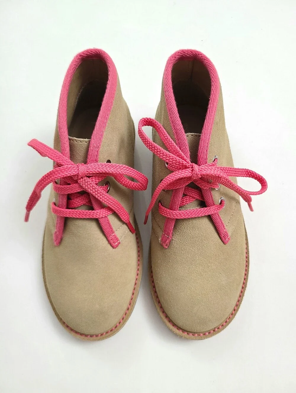 Lands End Girl's Beige Suede Leather Ankle Boots Size 12 Pink Trim and Laces